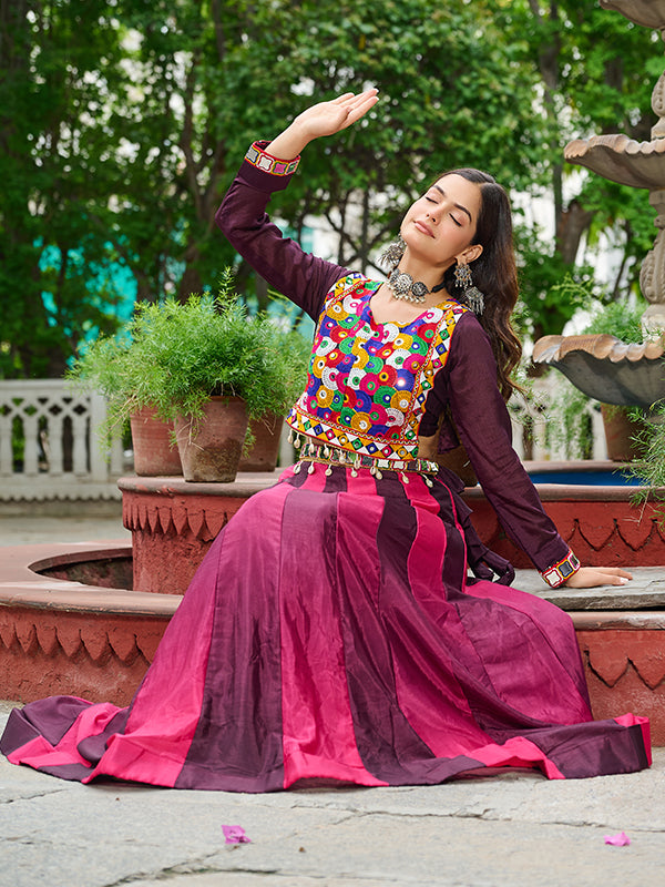 Wine Kutchi Gamthi Embroidered Work Blouse With Chinnon Lehenga