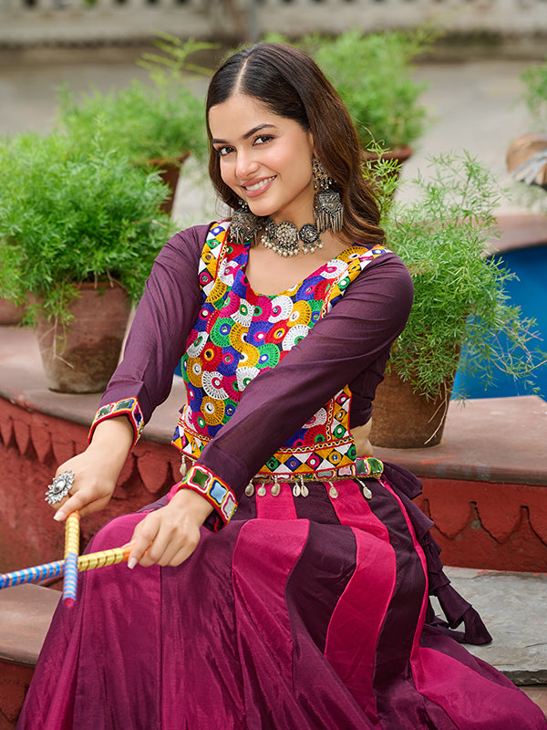 Wine Kutchi Gamthi Embroidered Work Blouse With Chinnon Lehenga