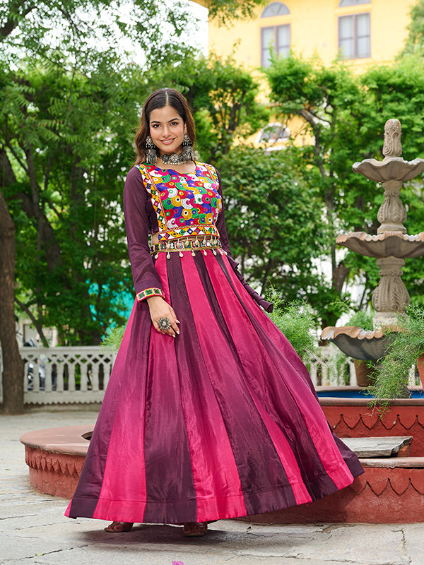 Wine Kutchi Gamthi Embroidered Work Blouse With Chinnon Lehenga
