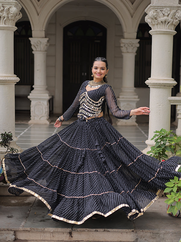 Black Leheriya Printed Attractive Mirror Lace Lehenga Choli