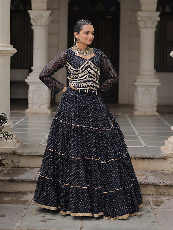 Black Leheriya Printed Attractive Mirror Lace Lehenga Choli