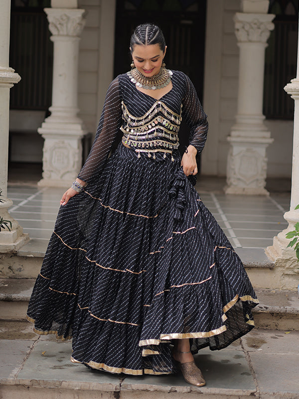 Black Leheriya Printed Attractive Mirror Lace Lehenga Choli