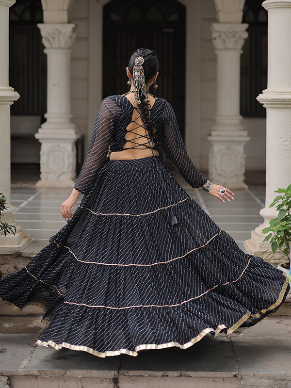 Black Leheriya Printed Attractive Mirror Lace Lehenga Choli