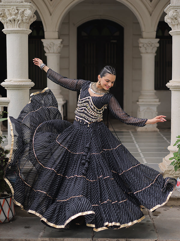 Black Leheriya Printed Attractive Mirror Lace Lehenga Choli