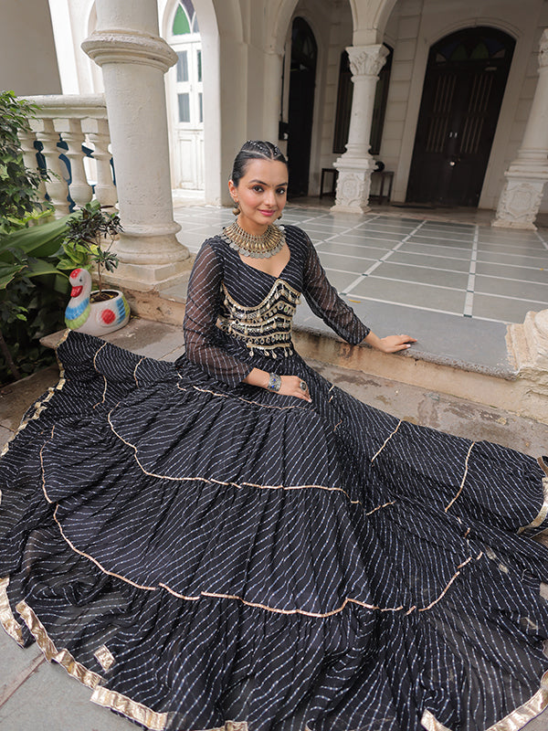 Black Leheriya Printed Attractive Mirror Lace Lehenga Choli
