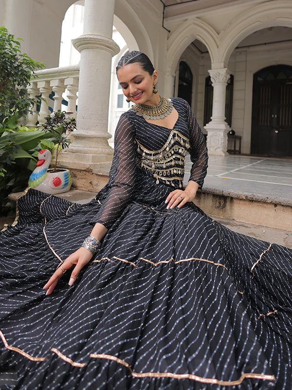 Black Leheriya Printed Attractive Mirror Lace Lehenga Choli