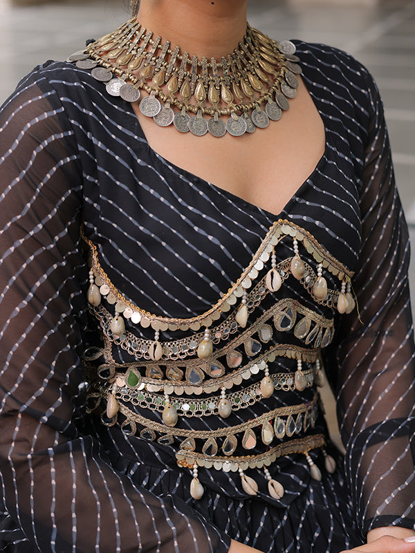 Black Leheriya Printed Attractive Mirror Lace Lehenga Choli