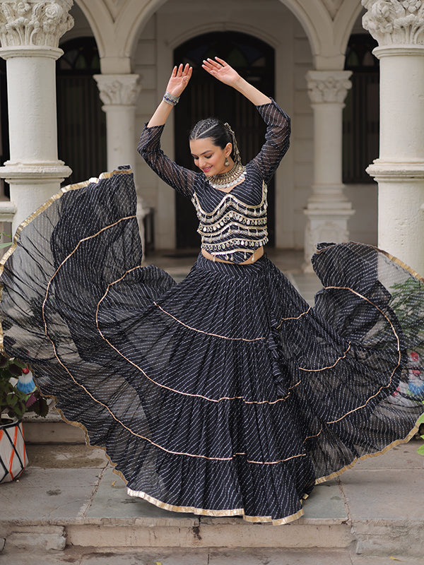 Black Leheriya Printed Attractive Mirror Lace Lehenga Choli