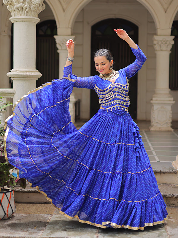 Blue Leheriya Printed Attractive Mirror Lace Lehenga Choli