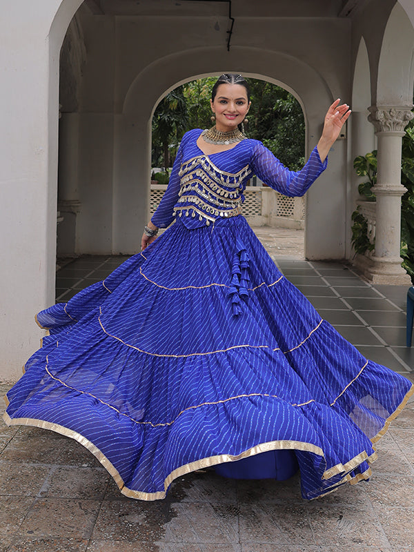 Blue Leheriya Printed Attractive Mirror Lace Lehenga Choli
