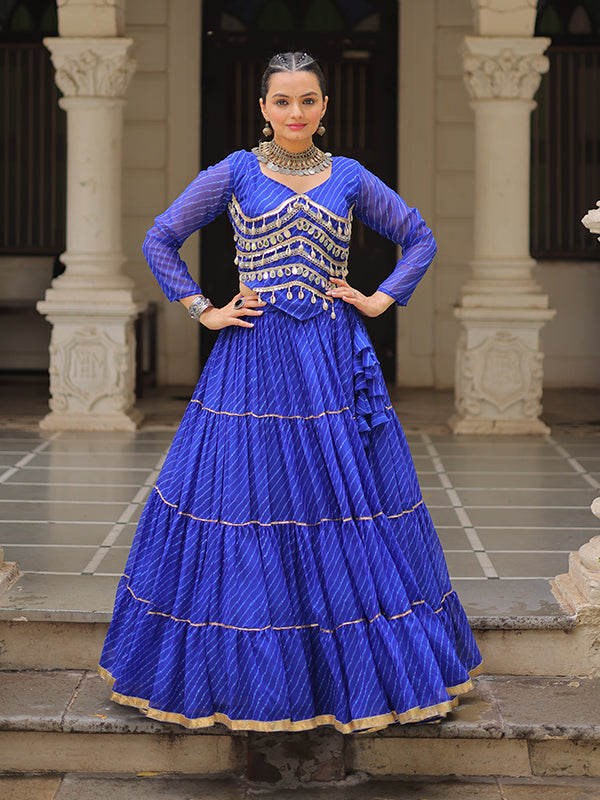 Blue Leheriya Printed Attractive Mirror Lace Lehenga Choli