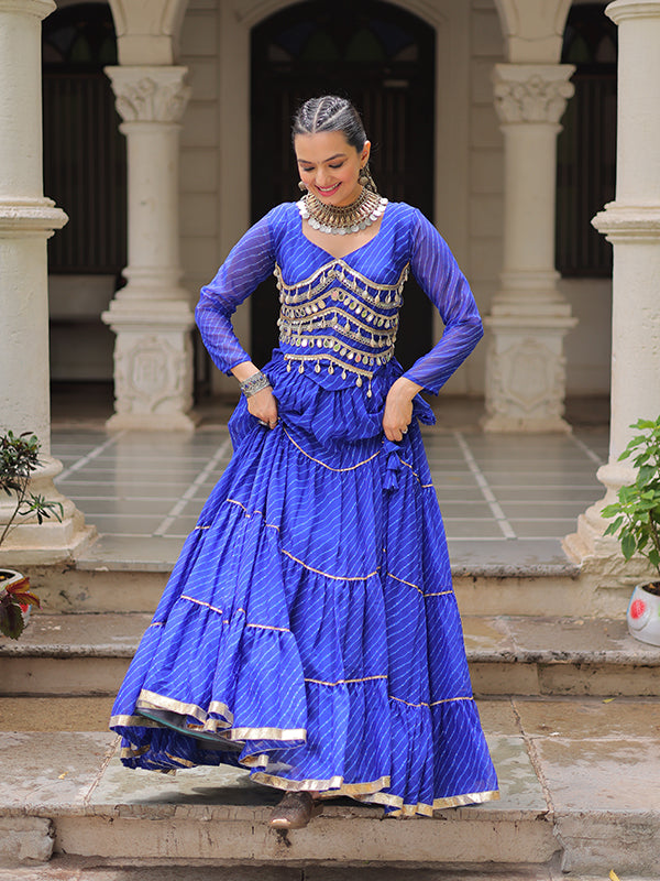Blue Leheriya Printed Attractive Mirror Lace Lehenga Choli