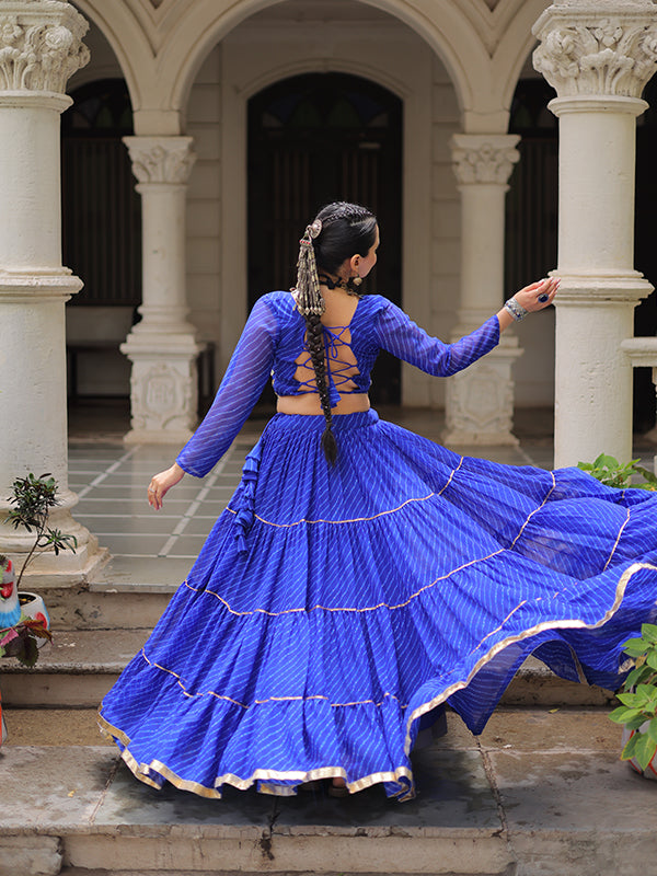 Blue Leheriya Printed Attractive Mirror Lace Lehenga Choli