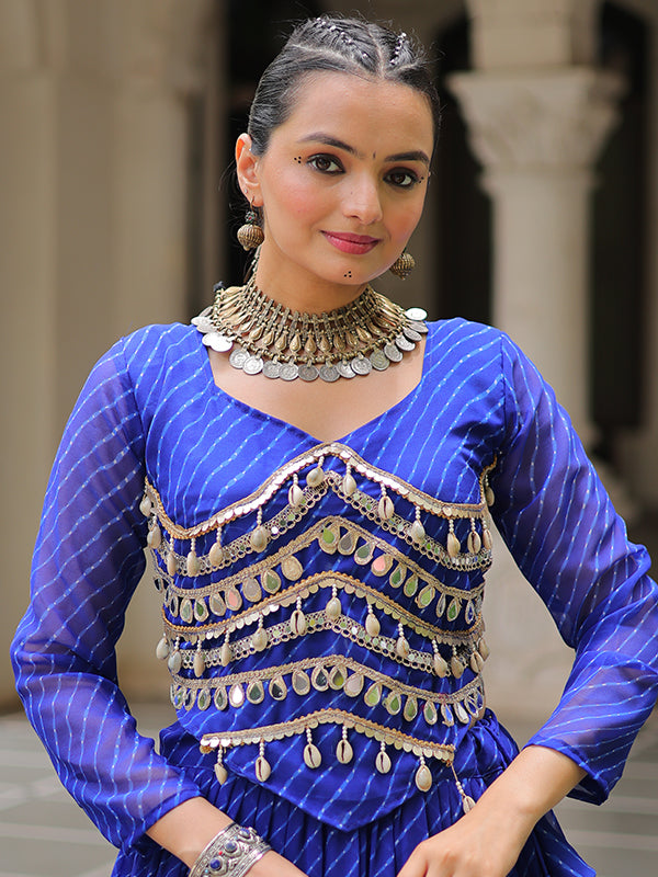 Blue Leheriya Printed Attractive Mirror Lace Lehenga Choli