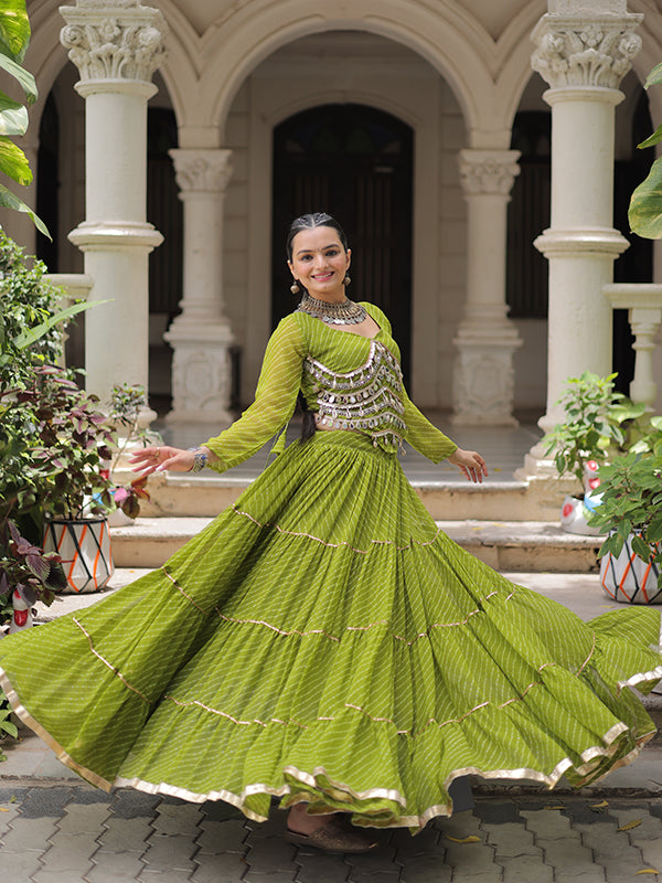 Parrot Green Leheriya Printed Attractive Mirror Lace Lehenga Choli