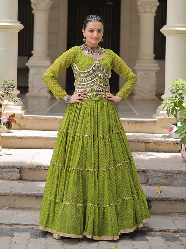 Parrot Green Leheriya Printed Attractive Mirror Lace Lehenga Choli