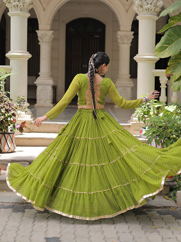 Parrot Green Leheriya Printed Attractive Mirror Lace Lehenga Choli