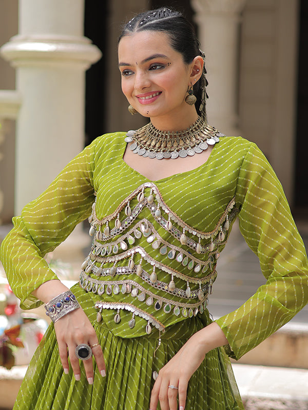 Parrot Green Leheriya Printed Attractive Mirror Lace Lehenga Choli