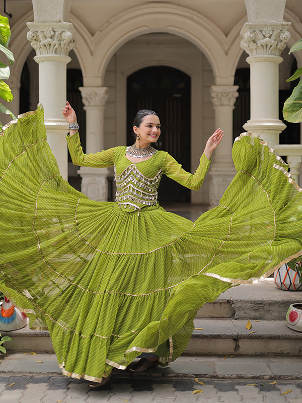 Parrot Green Leheriya Printed Attractive Mirror Lace Lehenga Choli