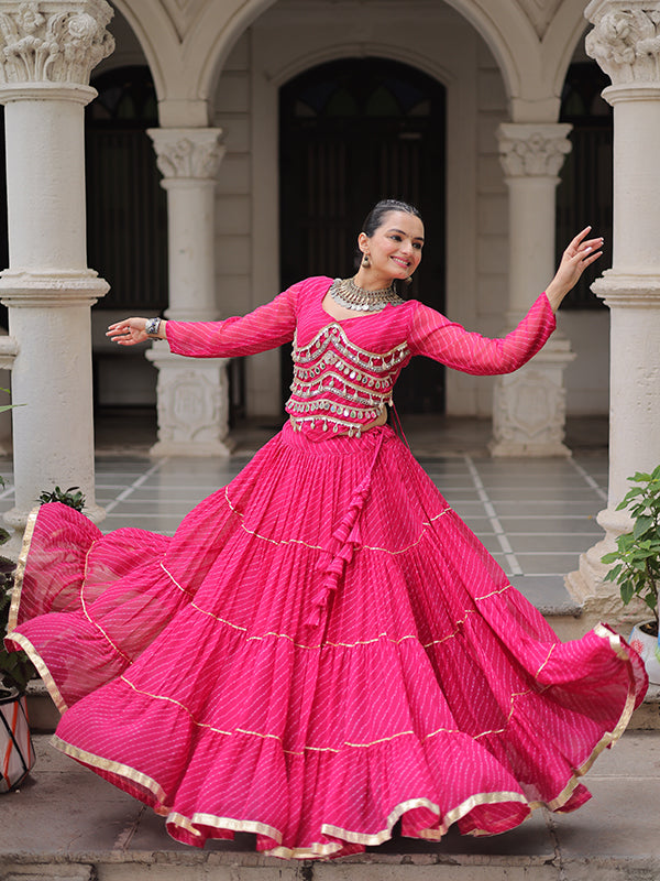 Pink Leheriya Printed Attractive Mirror Lace Lehenga Choli