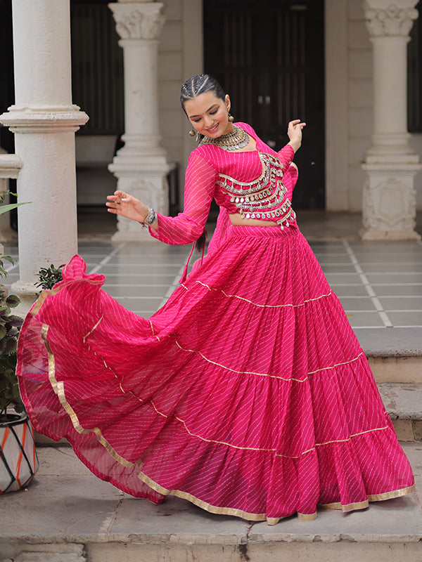 Pink Leheriya Printed Attractive Mirror Lace Lehenga Choli