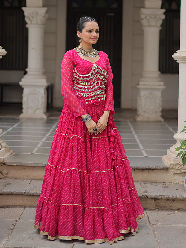Pink Leheriya Printed Attractive Mirror Lace Lehenga Choli