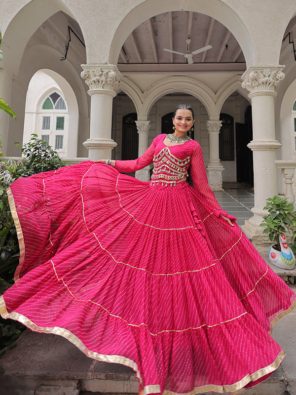 Pink Leheriya Printed Attractive Mirror Lace Lehenga Choli