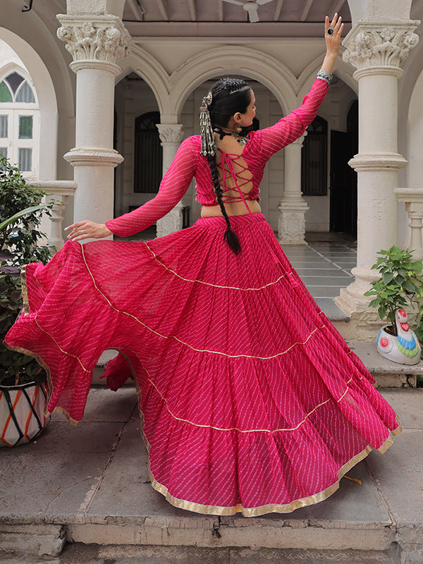 Pink Leheriya Printed Attractive Mirror Lace Lehenga Choli