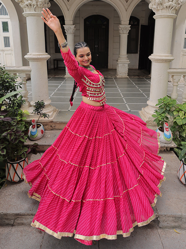 Pink Leheriya Printed Attractive Mirror Lace Lehenga Choli