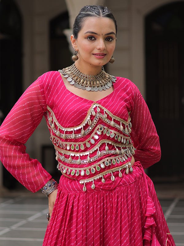 Pink Leheriya Printed Attractive Mirror Lace Lehenga Choli