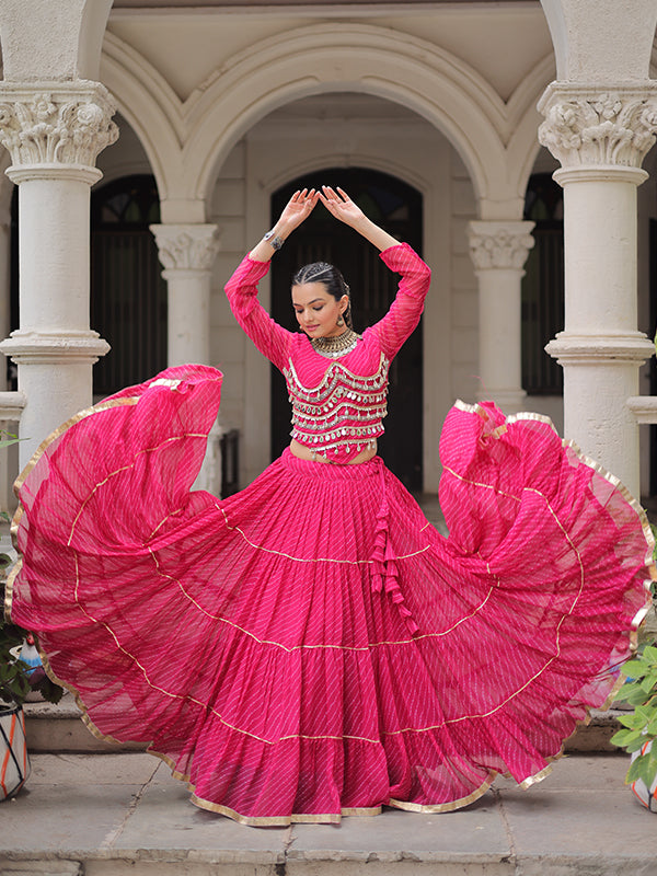 Pink Leheriya Printed Attractive Mirror Lace Lehenga Choli