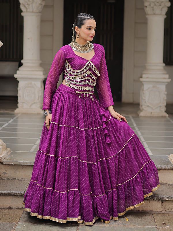 Purple Leheriya Printed Attractive Mirror Lace Lehenga Choli