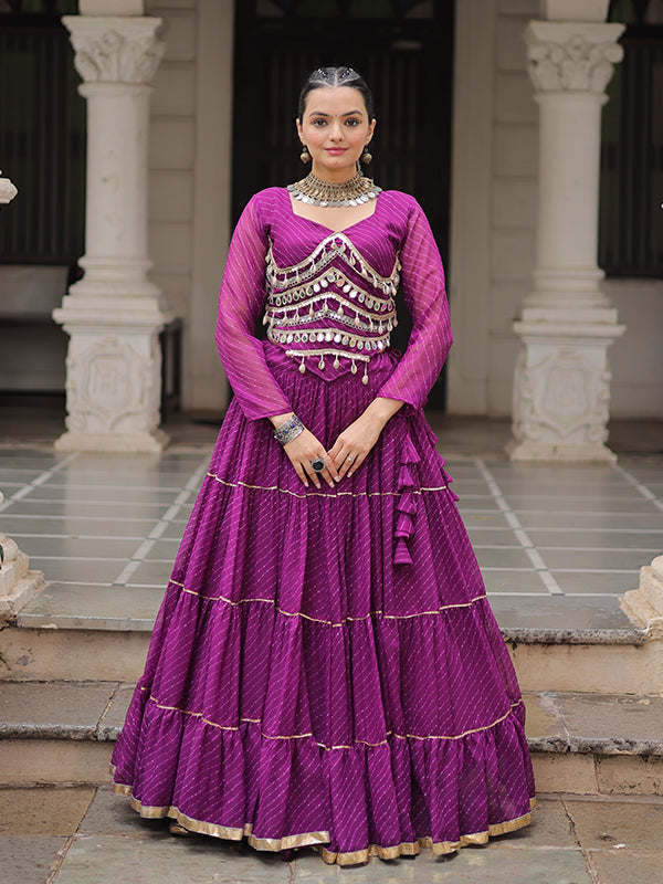 Purple Leheriya Printed Attractive Mirror Lace Lehenga Choli