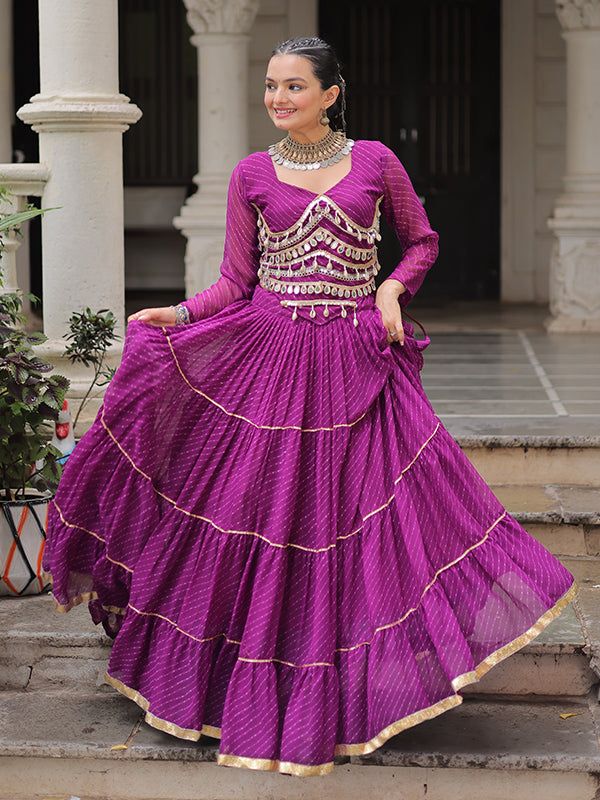 Purple Leheriya Printed Attractive Mirror Lace Lehenga Choli