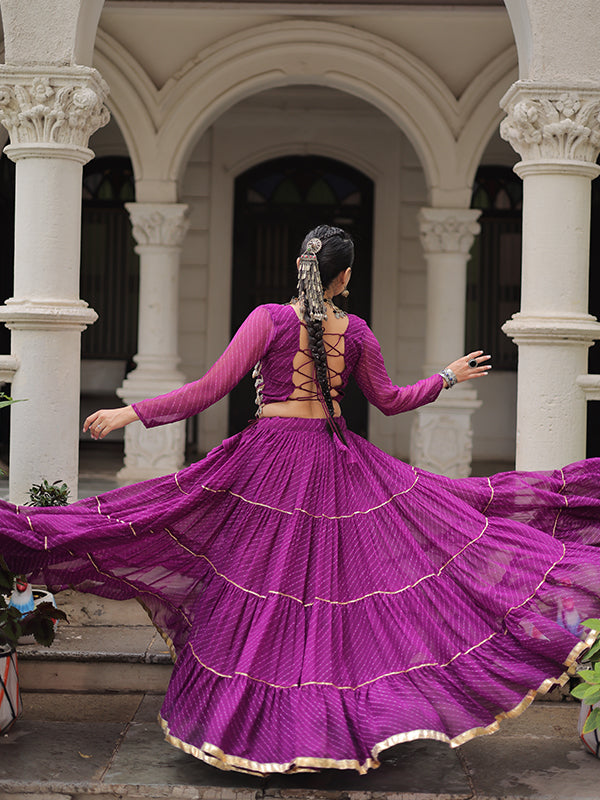 Purple Leheriya Printed Attractive Mirror Lace Lehenga Choli