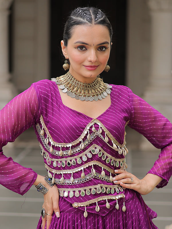 Purple Leheriya Printed Attractive Mirror Lace Lehenga Choli