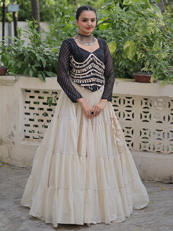 Black Leheriya Printed Mirror Lace Choli With White Kora Cotton Lehenga