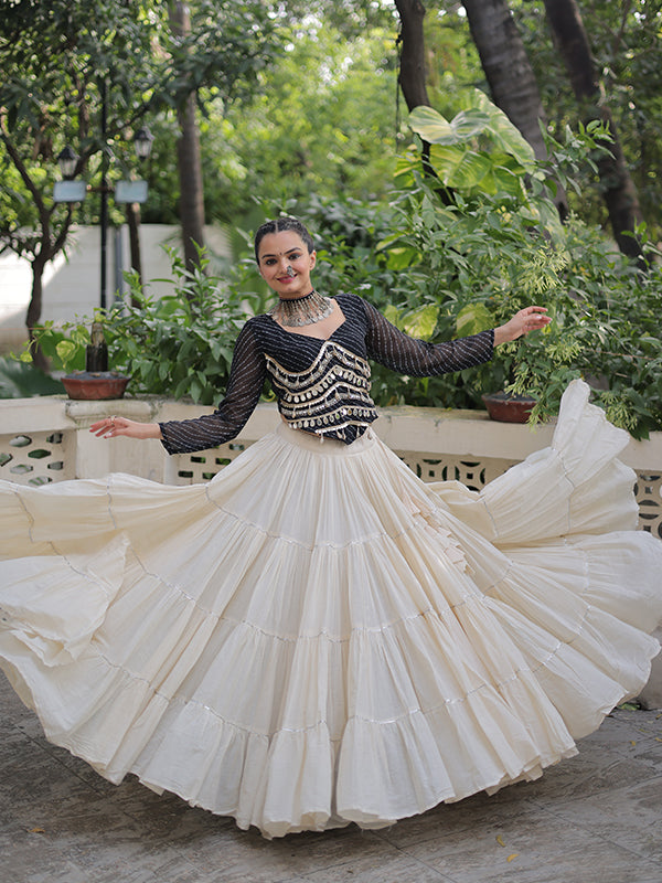 Black Leheriya Printed Mirror Lace Choli With White Kora Cotton Lehenga