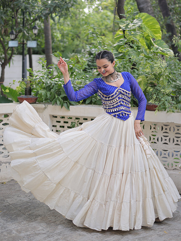 Blue Leheriya Printed Mirror Lace Choli With White Kora Cotton Lehenga