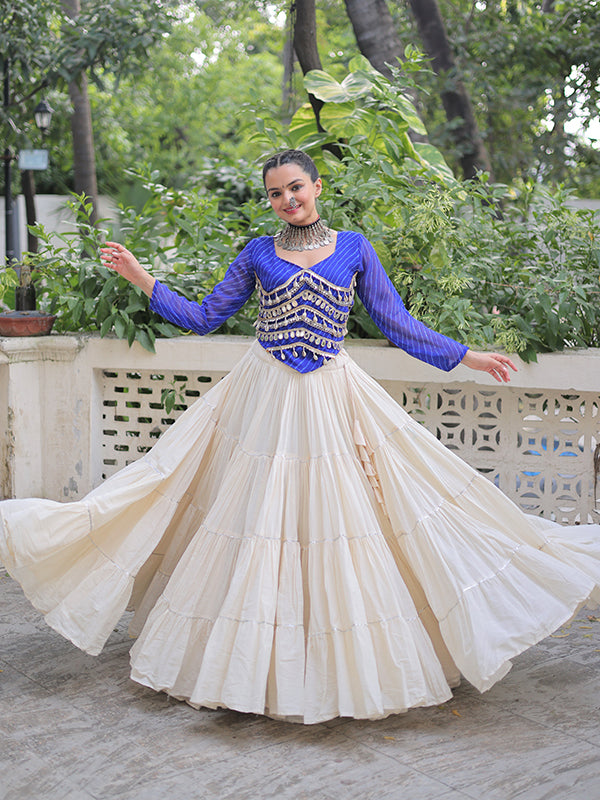Blue Leheriya Printed Mirror Lace Choli With White Kora Cotton Lehenga