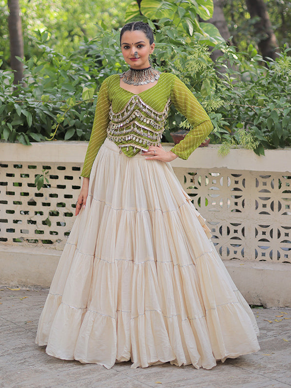 Parrot Green Leheriya Printed Mirror Lace Choli With White Kora Cotton Lehenga