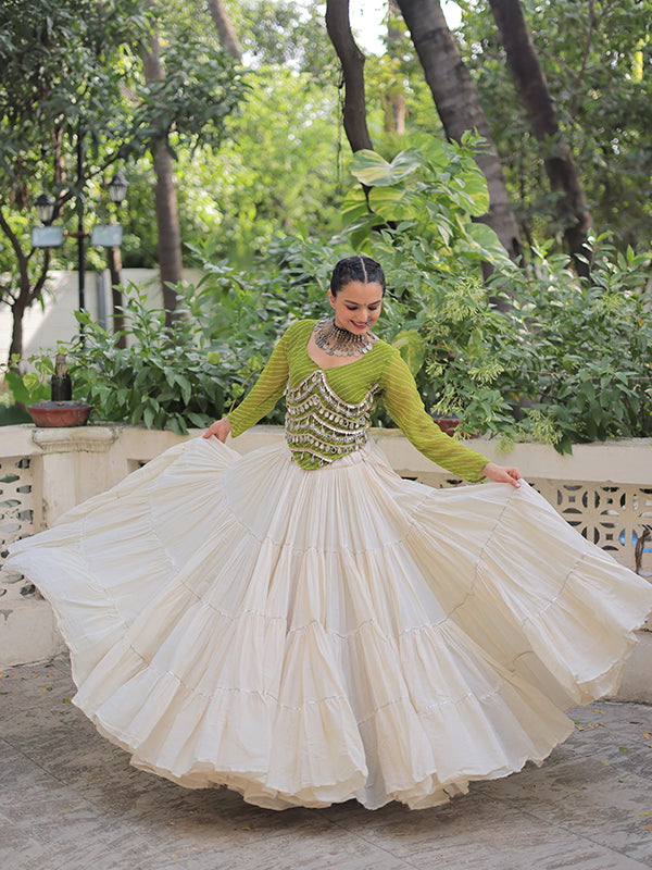 Parrot Green Leheriya Printed Mirror Lace Choli With White Kora Cotton Lehenga
