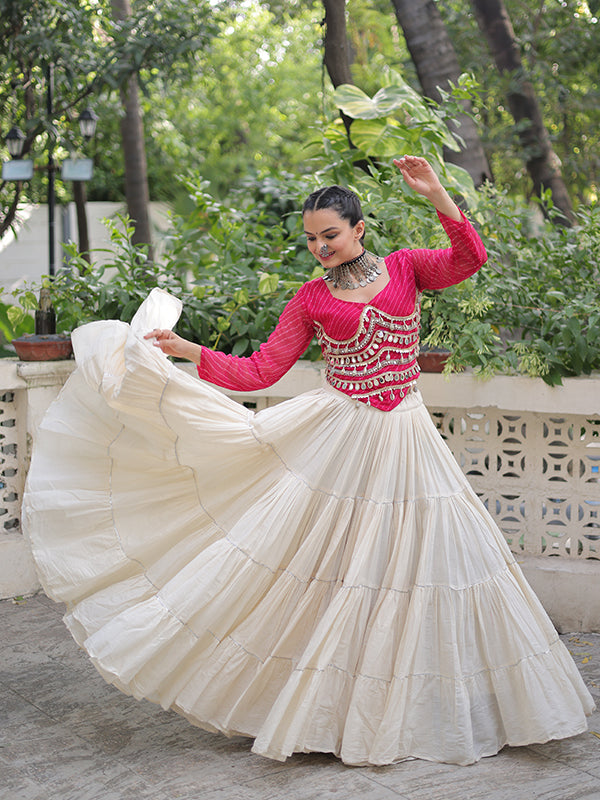 Pink Leheriya Printed Mirror Lace Choli With White Kora Cotton Lehenga
