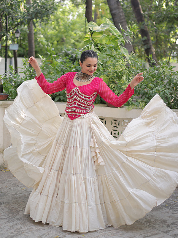 Pink Leheriya Printed Mirror Lace Choli With White Kora Cotton Lehenga