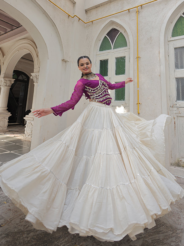Purple Leheriya Printed Mirror Lace Choli With White Kora Cotton Lehenga