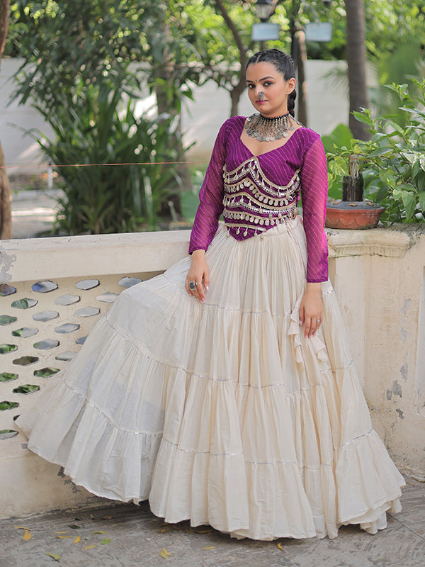 Purple Leheriya Printed Mirror Lace Choli With White Kora Cotton Lehenga