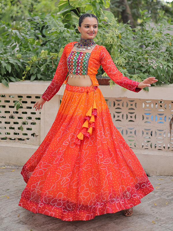 Orange Bandhani Printed Kutchi Gamthi Patch Work Lehenga Choli