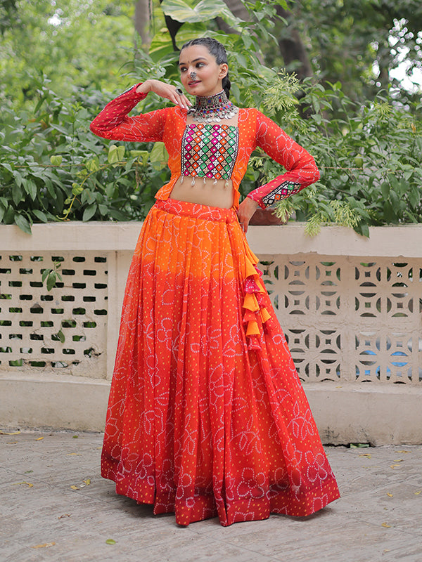 Orange Bandhani Printed Kutchi Gamthi Patch Work Lehenga Choli