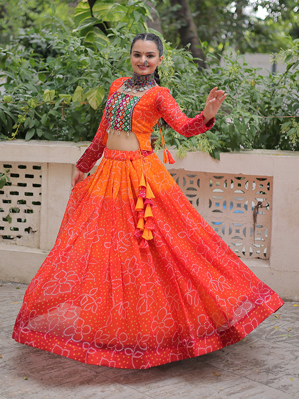 Orange Bandhani Printed Kutchi Gamthi Patch Work Lehenga Choli