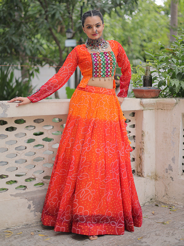 Orange Bandhani Printed Kutchi Gamthi Patch Work Lehenga Choli